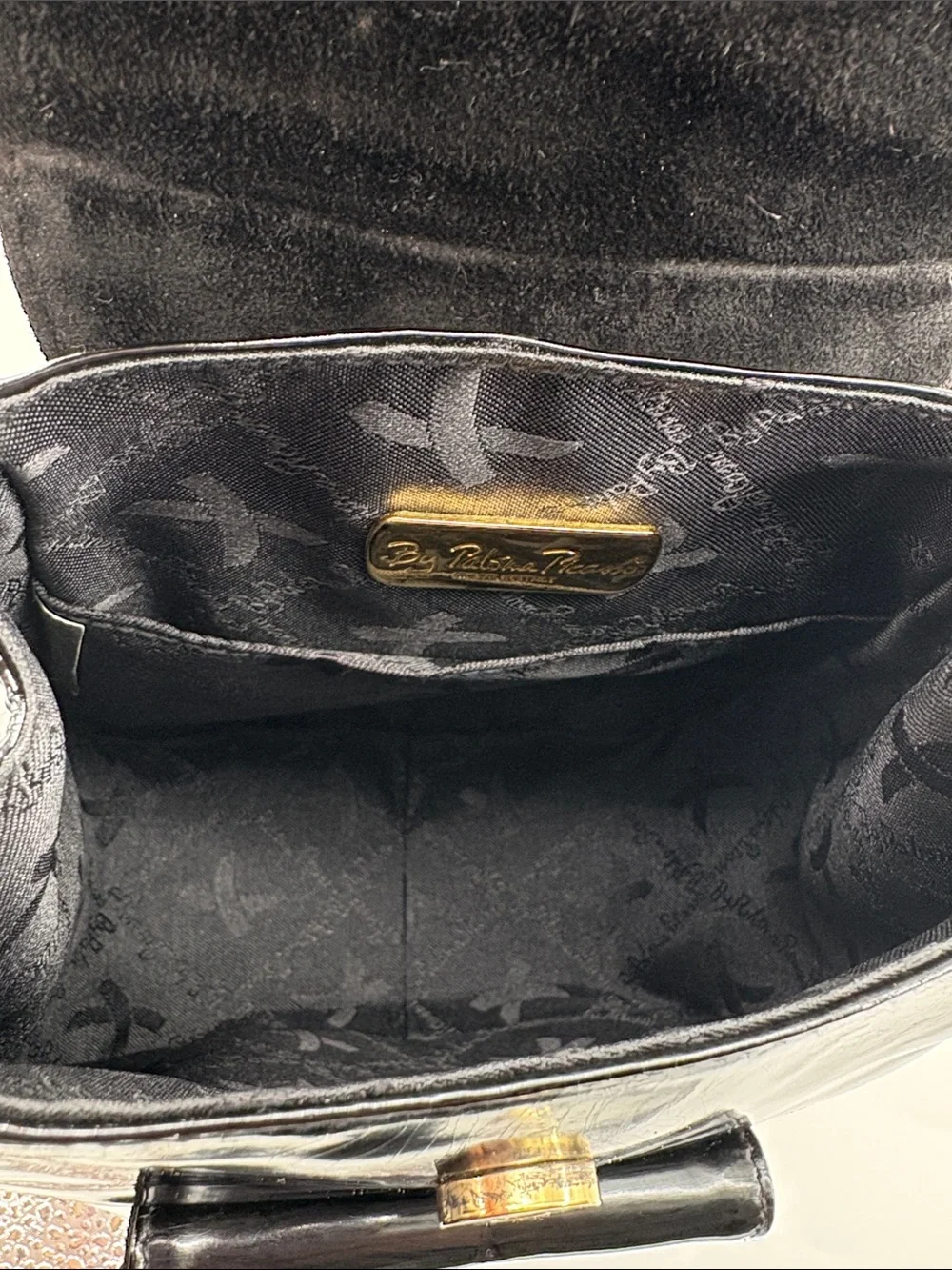 Paloma Picasso Black Patent Mini Backpack with Gold X Hardware